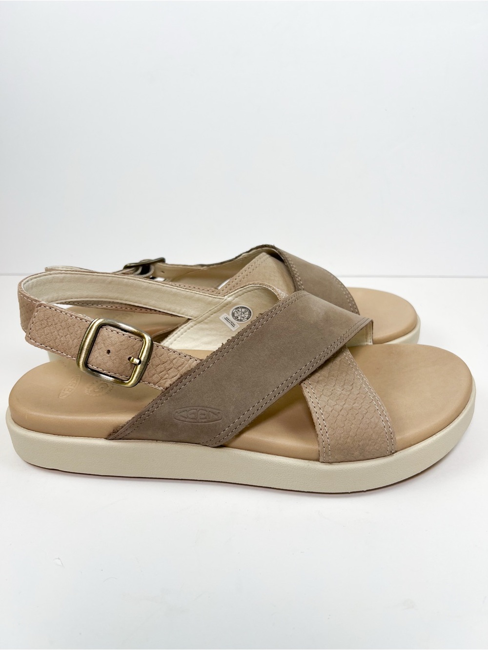 Keen Elle Luxe Cross Strap Plaza Taupe Brindle Tan Leather size 10